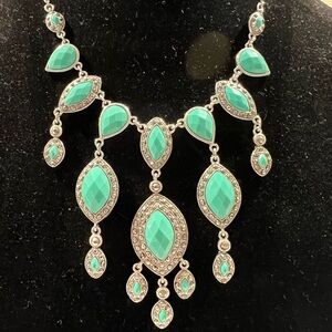 Elegant Vintage Inspired Turquoise w/Marcasite Crystals Drop Dangle Necklace 24”